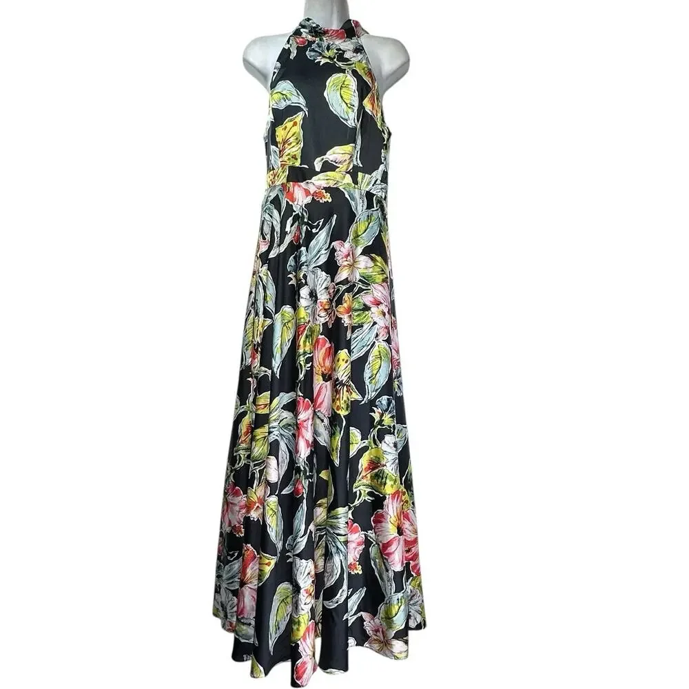 Nicole Miller New York Black Floral Print Halter Maxi Dress Size 6 - Picture 2 of 8